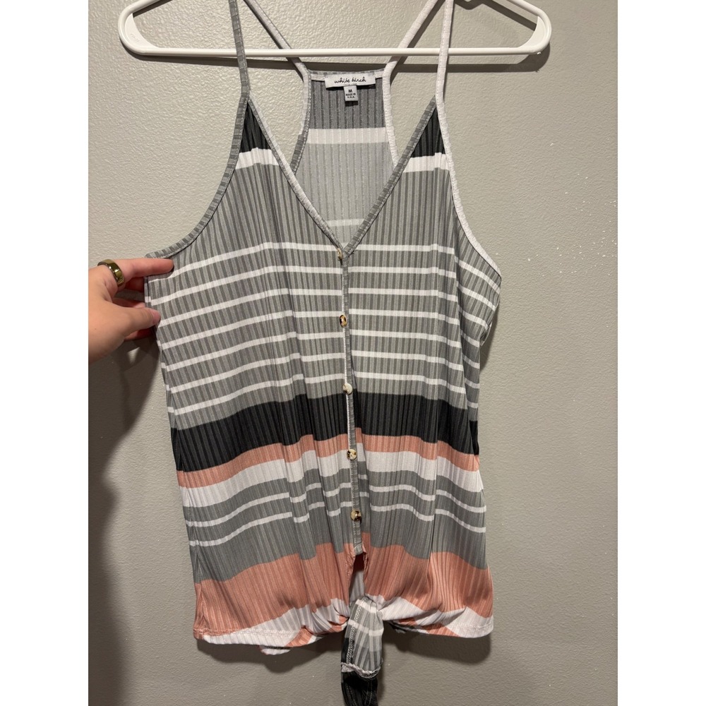 White Birch Womens Ribbed Striped Button Tie Front Racerback Tank Top Grey M